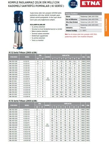 Etna KI 12/10-75     10Hp 380V  Dik Milli Komple Paslanmaz Çelik Çok Kademeli Santrifüj Pompa