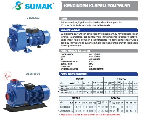 SUMAK DSM220/2 2.2Hp 220v Kendinden Klapeli Santrifüj Pompa
