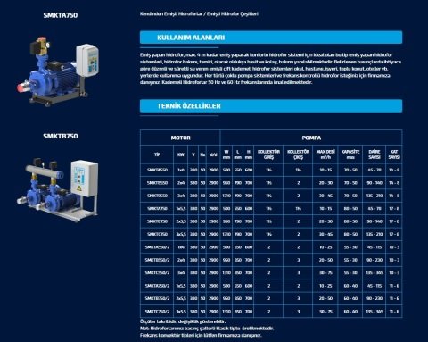 Sumak SMKTA750/2  1X5.5 kW  380V  Tek Pompalı Emişli Çift Kademeli Yatay Hidrofor