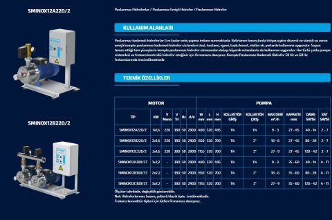 Sumak SMINOX12A220/2 T   1X1.6 kW  380V  Tek Pompalı Emişli  Kademeli Paslanmaz Yatay Hidrofor