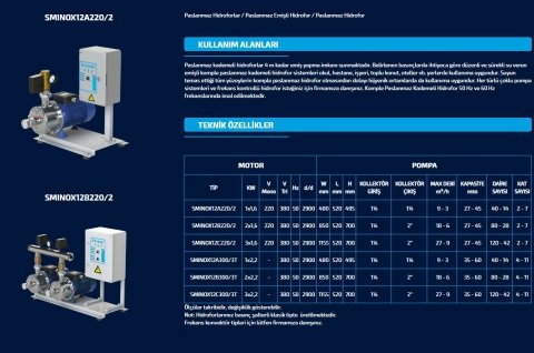 Sumak SMINOX12A300/3 T   1X2.2 kW  380V  Tek Pompalı Emişli  Kademeli Paslanmaz Yatay Hidrofor