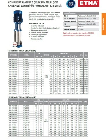 Etna KI 16/12-110     15Hp 380V  Dik Milli Komple Paslanmaz Çelik Çok Kademeli Santrifüj Pompa