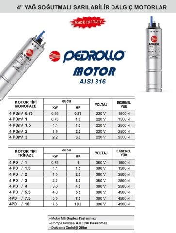 PEDROLLO 4PDm/ 0.75  0.75 HP 220V Dalgıç motoru İtalyan Malı (motor)
