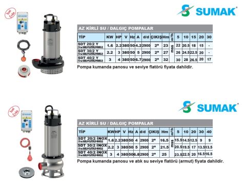 SUMAK SDT 40/2 İNOX   4HP 380V PASLANMAZ ÇELİK GÖVDELİ  AZ KİRLİ SU DALGIÇ POMPA