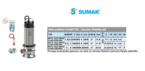 SUMAK SDTV 20/2 İNOX   2.2HP  380V  Paslanmaz  Açık Fanlı Foseptik Dalgıç Pompa