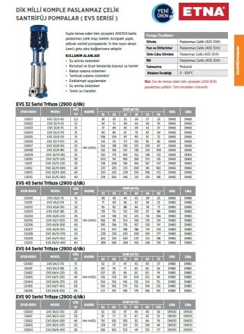 Etna EVS 32/14-300     40Hp 380V  Dik Milli Komple Paslanmaz Çelik Çok Kademeli Santrifüj Pompa
