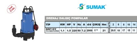 SUMAK SDF15Y  1.5hp 220v Plastik Gövdeli Drenaj Dalgıç Pompa