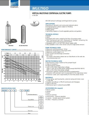 Ebara MULTIGO  M40/10    1Hp 220V  Çok Kademeli Dikey Tip Paslanmaz Çelik Santrifüj Pompa
