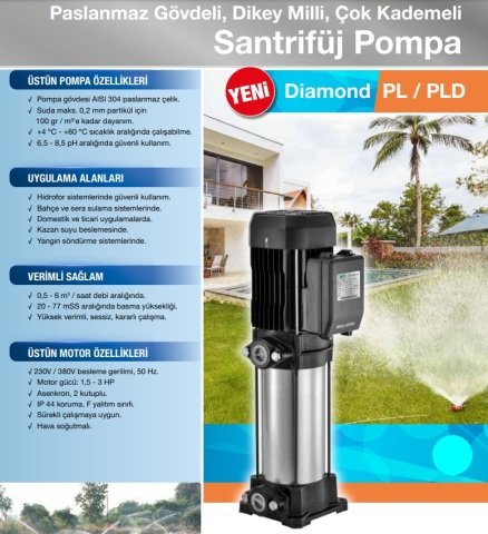 Alarko  PLD 2-9      2Hp  220V    Paslanmaz Gövdeli Dikey Milli Çok Kademeli Santrifüj Pompa