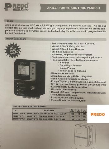 PREDO SMART PT-2 380V 50Hz 5.5kW-7.5kW AKILLI POMPA KONTROL PANOSU