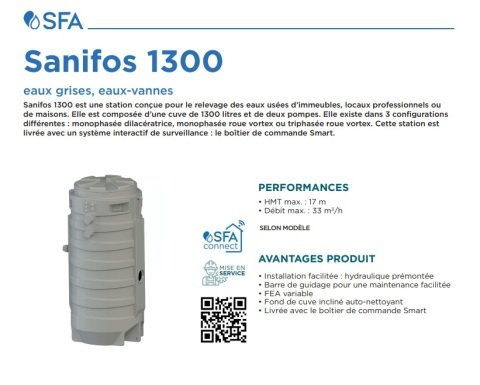 SFA SANİFOS 1300 2 VX S  ÇİFT POMPALI 220 V  MONOFAZE  VORTEX (AÇIK FANLI)  FOSEPTİK  ATIK SU TAHLİYE CİHAZI