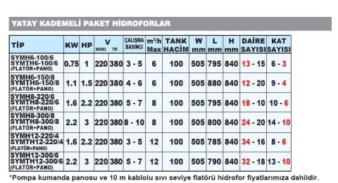 Sumak SYMTH12-300/6 Yatay Kademeli Hidrofor 100 Lt Tanklı 220 Volt 3 Hp