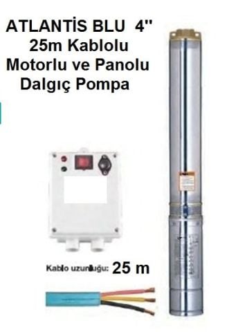 Atlantis  4SDM1007   1.5Hp-220V   4''Çaplı  25mt Yekpare Kablolu + Motorlu + Panolu Dalgıç Pompa