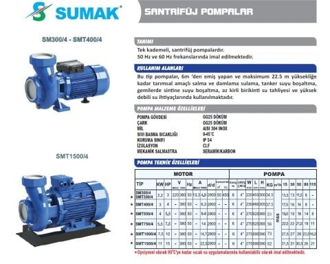 SUMAK SMT 1000/4 10HP 380V 4\'\' ÇIKIŞLI SANTRİFÜJ POMPA