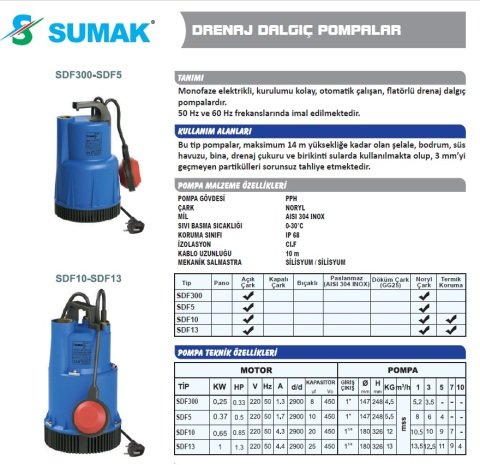 SUMAK SDF10  0.85hp 220v Plastik Gövdeli Drenaj Dalgıç Pompa