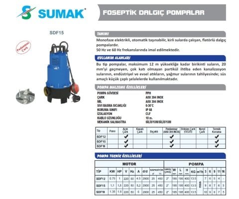 SUMAK SDF18 1.8HP 220v Açık Fanlı Pis Su Dalgıç Pompa