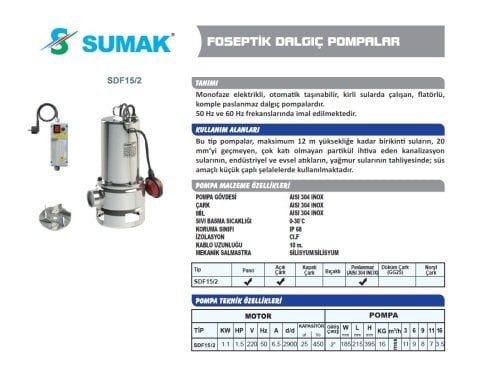 SUMAK SDF15/2 1.5HP 220v Açık Fanlı Pis Su Dalgıç Pompa (komple paslanmaz)