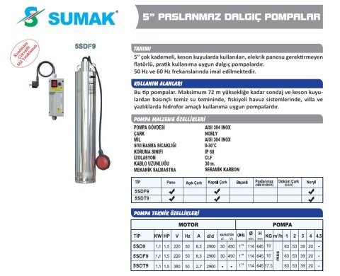 SUMAK 5SDT9 5'' PASLANMAZ DALGIÇ POMPA