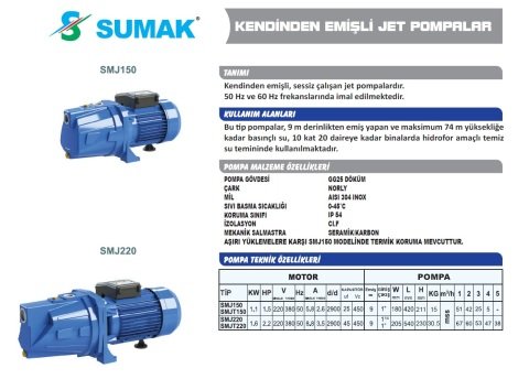 SUMAK SMJ150 1.5Hp 220v Döküm Gövdeli Jet Pompa