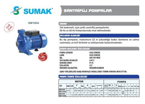 SUMAK SM100-A 1Hp 220v Açık Çarklı Santrifüj Pompa