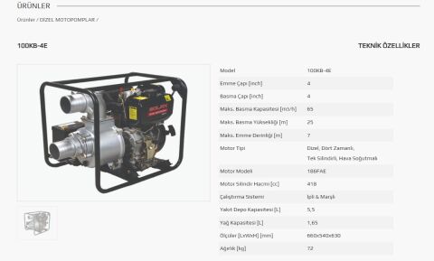 SOLAX 100KB-4E   4'' İPLİ MARŞLI DİZEL SU MOTORU (MOTOPOMP-AKÜSÜZ)