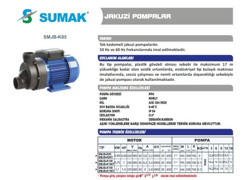 SUMAK SMJB-K85 0.85HP 220v Jakuzi Pompası