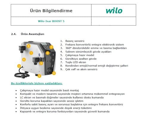 WİLO Isar BOOST5-E-5  220V-50/60 Hz  SÜPER SESSİZ KENDİNDEN EMİŞLİ ÇOK KADEMELİ FREKANS KONTROLLÜ HİDROFOR