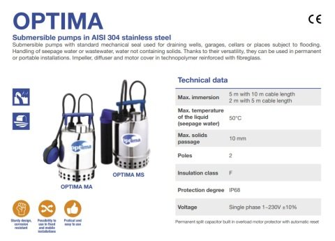 EBARA OPTIMA 0,33HP 220V Paslanmaz Çelik Drenaj Dalgıç Pompa