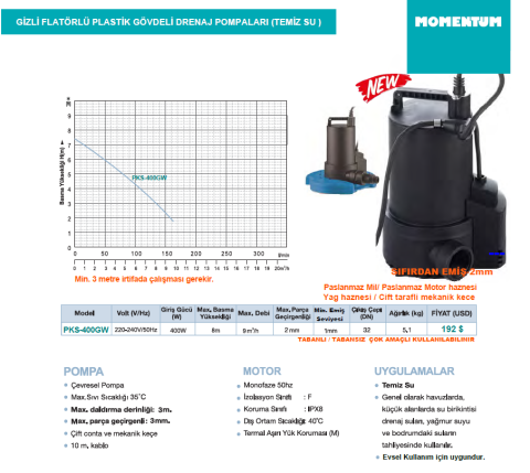 Momentum PKS-400GW 400W-220V Plastik Gövdeli Gizli Flatörlü Temiz Su Drenaj Dalgıç Pompa (Sıfırdan Emişli)