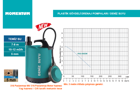 Momentum PKS-400DW 400W-220V Plastik Gövdeli Deniz Su Drenaj Dalgıç Pompa