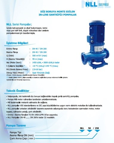 Norm NLL  200/250    11 kW  380V   Tek Kademeli İnline Tip Kuru Rotorlu Salyangoz Gövdeli Santrifüj Pompa (1450 d/dk)