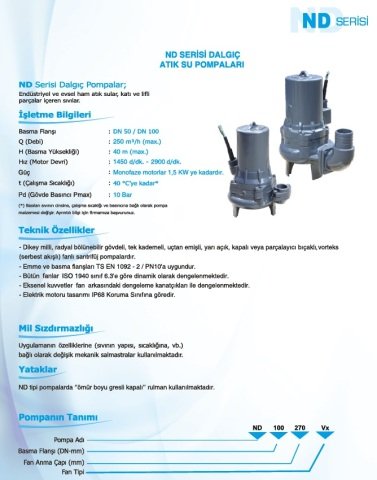 Norm ND 50/200 A      1.1 kW  220V   Pis Su Dalgıç Pompa (1450 d/dk)