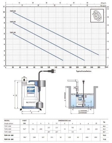 PEDROLLO TOP 2 GM 220V 0.5HP Gizli Flatörlü Plastik Gövdeli Drenaj Dalgıç Pompa