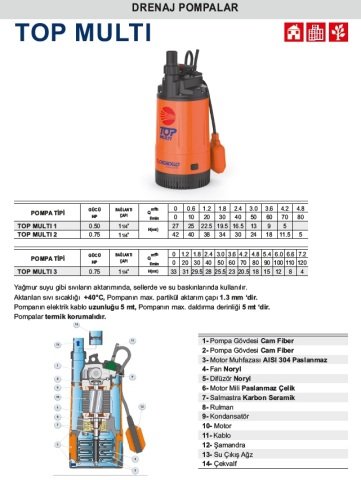 PEDROLLO TOP MULTI 3 220V 0.75HP Yüksek Basınçlı Keson Kuyu Dalgıç Pompa