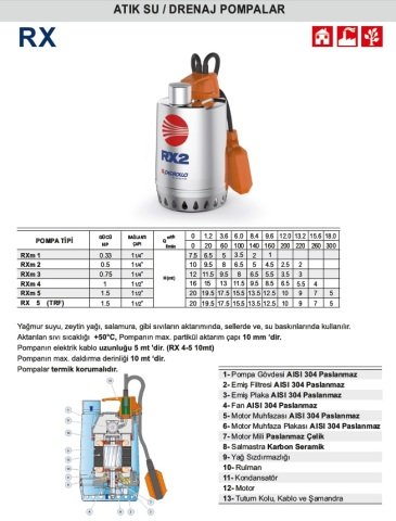 PEDROLLO RXM 3 220V 0.75HP Komple Paslanmaz Drenaj Dalgıç Pompa