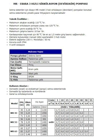 Ebara MR 53/120 FL   Üç Hızlı Sirkülasyon Pompası