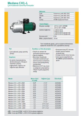 WİLO MEDANA CH1-L.203-1/E/A   0.37kW 220V  PASLANMAZ GÖVDELİ ÇOK KADEMELİ YATAY SANTRİFÜJ POMPA