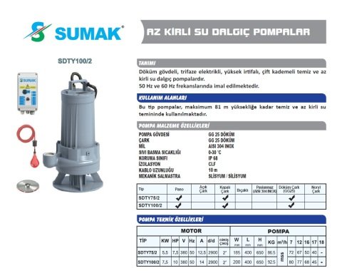 SUMAK SDTY 75/2 7.5 HP 380W AZ KİRLİ SU DALGIÇ POMPA