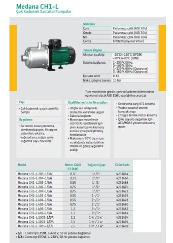 WİLO MEDANA CH1-L.1002-1/E/A   1.1kW 220V  PASLANMAZ GÖVDELİ ÇOK KADEMELİ YATAY SANTRİFÜJ POMPA