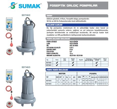 SUMAK SDT 20/3 2.2 HP 380W FOSEPTİK DALGIÇ POMPA