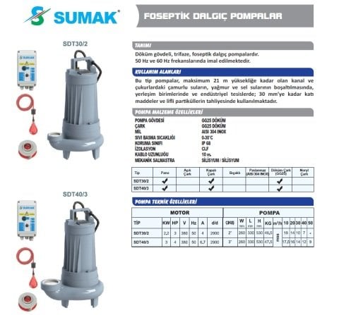 SUMAK SDT 40/3 4.HP 380W FOSEPTİK DALGIÇ POMPA