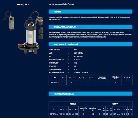 SUMAK SDF 18/2Y-A 1.8 HP 220V ASANSÖR FLATÖRLÜ DRENAJ DALGIÇ POMPA