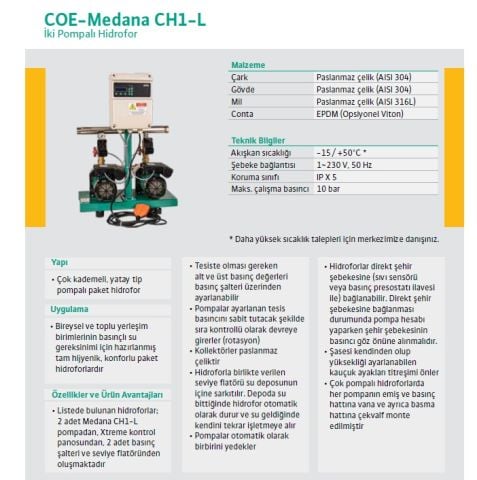 WİLO  COE2-Medana CH1-L.206-1     2X0.75 kW  220 V  ÇİFT POMPALI ÇOK KADEMELİ PASLANMAZ ÇELİK GÖVDELİ YATAY TİP PAKET HİDROFOR