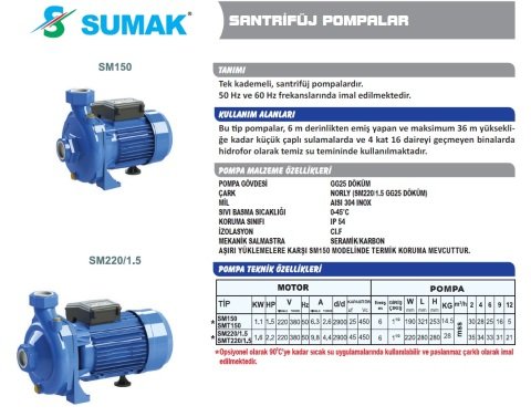 SUMAK SM220/1.5 2.2 HP 220V TEK KADEMELİ SANTRİFÜJ POMPA