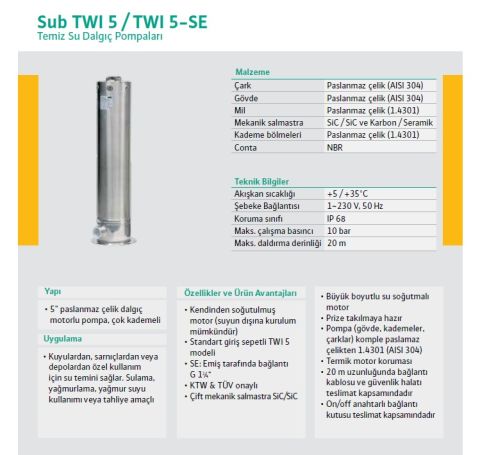 WİLO Sub TWI5 308 M  1.1kW 220V  5'' PASLANMAZ ÇELİK DALGIÇ MOTORLU ÇOK KADEMELİ KESON KUYU TEMİZ SU DALGIÇ POMPA