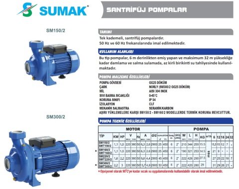 SUMAK SM 300/2 3.HP 220V TEK KADEMELİ SANTRİFÜJ POMPA