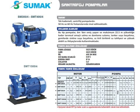 SUMAK SMT 1500/4 15 HP 380V TEK KADEMELİ SANTRİFÜJ POMPA