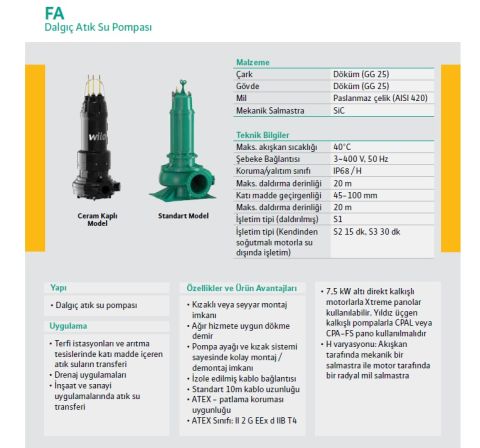 WİLO FA 10.33-223E + T 17-4/12H Ex   4.5kW 380V  DN 100  DÖKÜM GÖVDELİ FLANŞLI  ATIK SU DALGIÇ POMPA