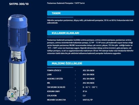 SUMAK SHTP8-220/8 2.2 HP 380W DÜŞEY MİLLİ KADEMELİ KOMPLE PASLANMAZ POMPA