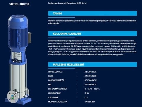 SUMAK SHTP16-550/10 5.5 HP 380W DÜŞEY MİLLİ KADEMELİ KOMPLE PASLANMAZ POMPA